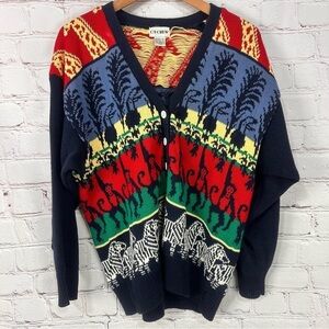 Vintage men’s cardigan sweater animal monkey bird colorful oversized medium
